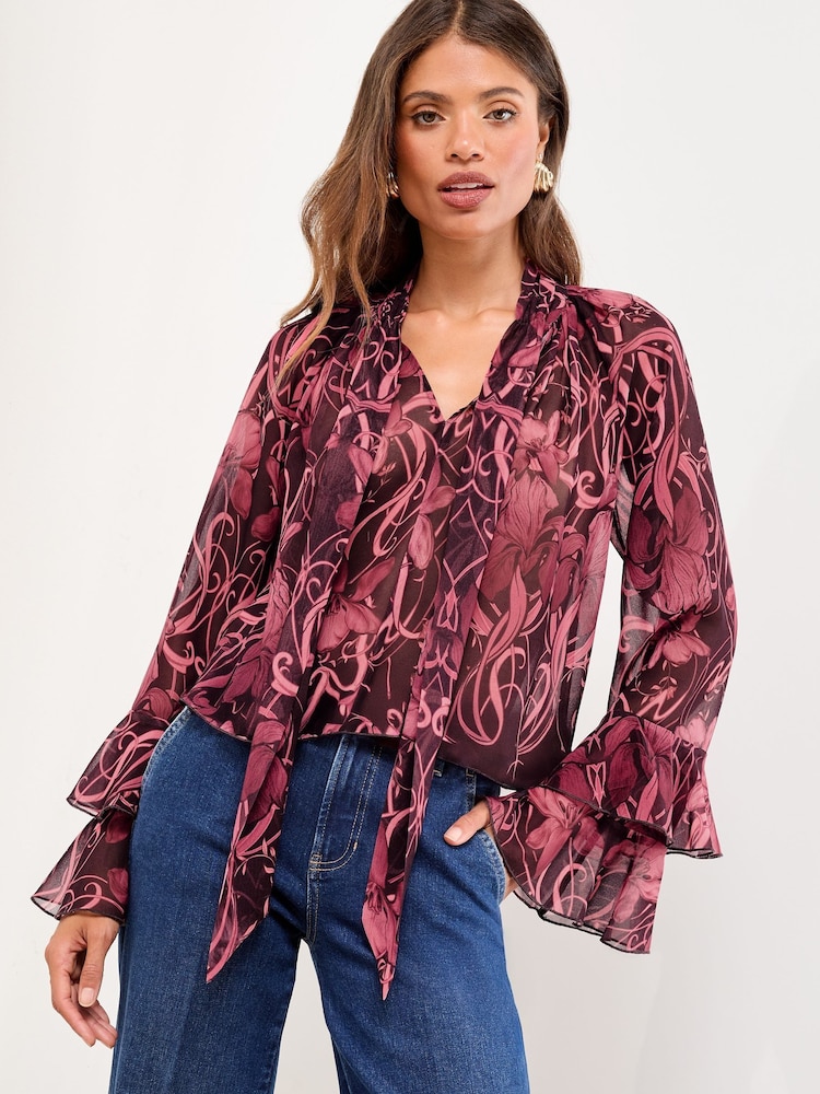 Lipsy Pink Floral Print Tie Neck Top - Image 1 of 5