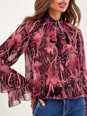 Lipsy Pink Floral Print Tie Neck Top - Image 3 of 5