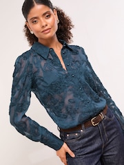 Lipsy Teal Floral Burnout Button Through Shirt - Image 1 of 4
