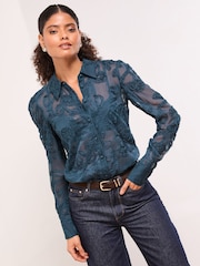 Lipsy Teal Floral Burnout Button Through Shirt - Image 4 of 4