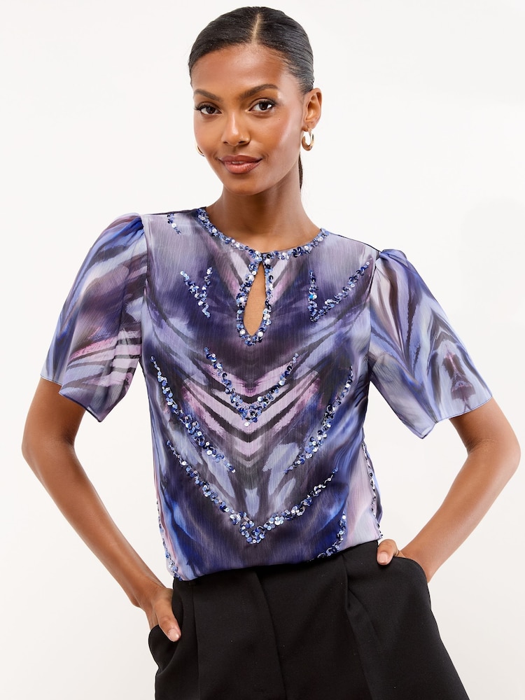 Lipsy Blue Flutter Sleeve Keyhole T-Shirt - Image 1 of 4 Lipsy Blue Flutter Sleeve Keyhole T-Shirt - Image 1 of 4