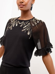 Lipsy Black Gold Sequin Flutter Sleeve T-Shirt - Image 2 of 4