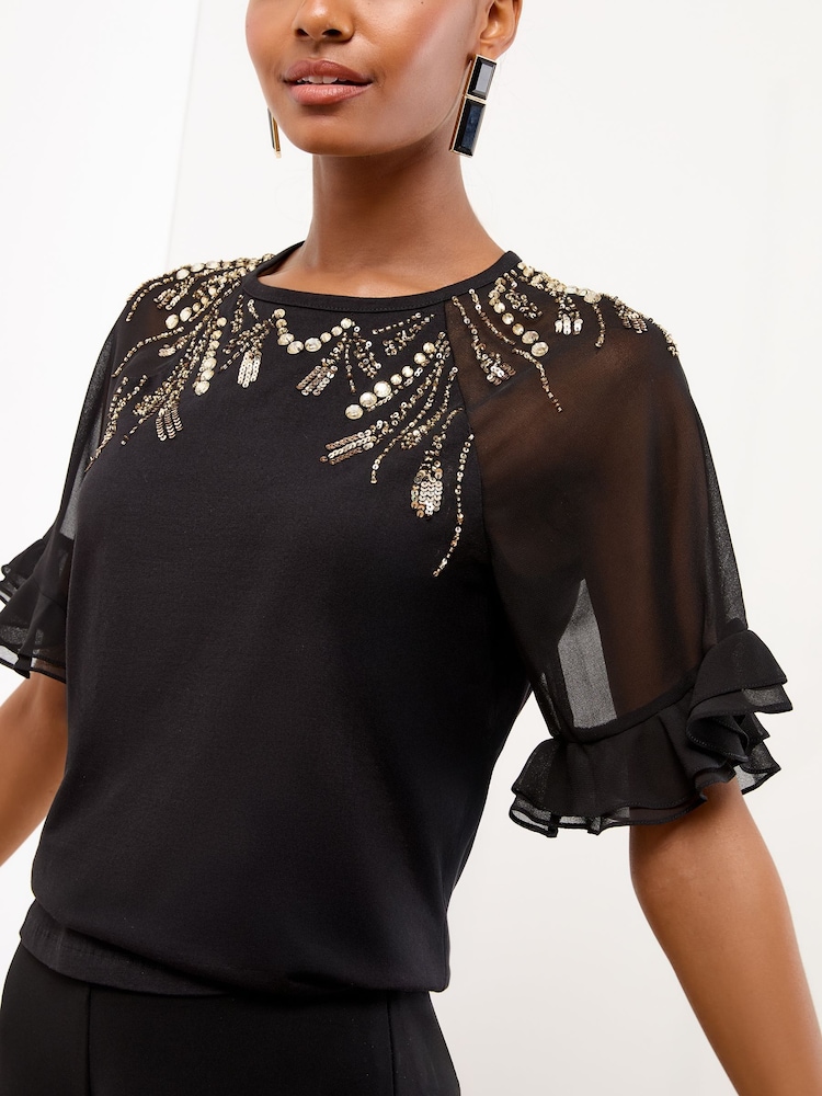Lipsy Black Gold Sequin Flutter Sleeve T-Shirt - Image 2 of 4