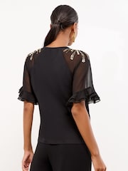 Lipsy Black Gold Sequin Flutter Sleeve T-Shirt - Image 4 of 4