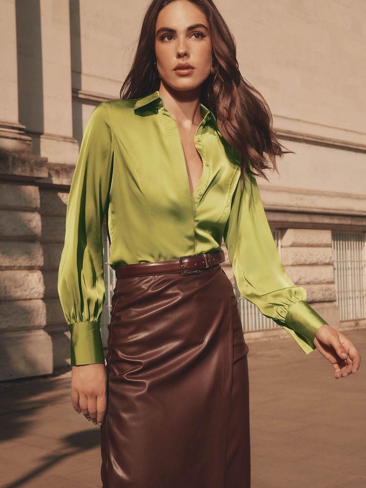 Lipsy Green Satin Godet Detail Shirt - Image 1 of 5