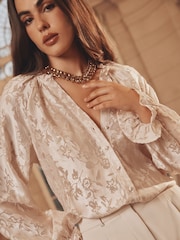Lipsy Champagne Floral Burnout Button Through Pie Crust Blouse - Image 1 of 4