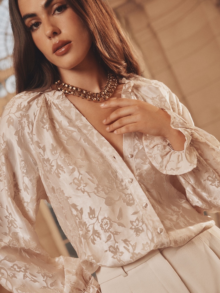 Lipsy Champagne Floral Burnout Button Through Pie Crust Blouse - Image 1 of 4