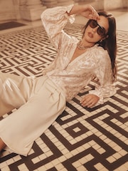 Lipsy Champagne Floral Burnout Button Through Pie Crust Blouse - Image 2 of 4