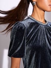Lipsy Velvet Embellished Trim Puff Sleeve T-Shirt - Image 1 of 4