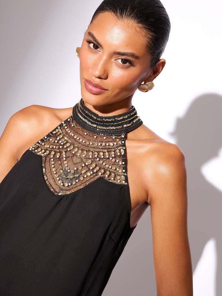 Lipsy Black Gold Sequin Halter Neck Top - Image 2 of 4 Lipsy Black Gold Sequin Halter Neck Top - Image 2 of 4