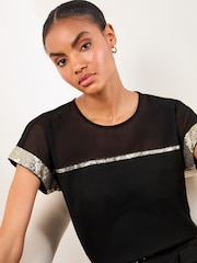 Lipsy Black Mesh Gold Sequin Crew Neck T-Shirt - Image 1 of 4