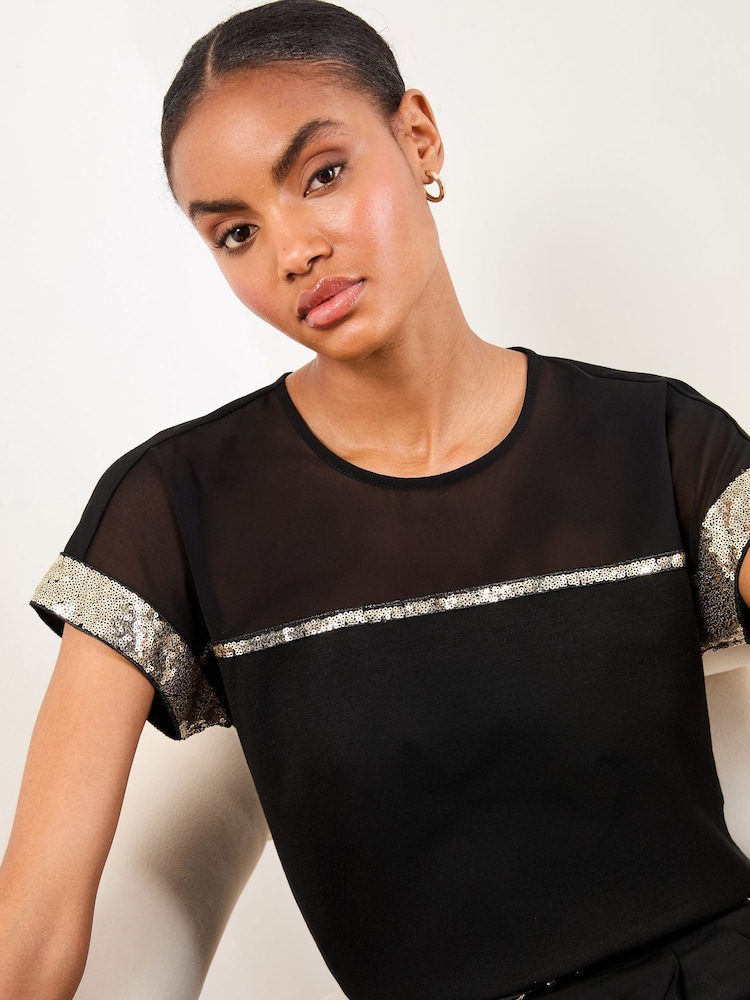 Lipsy Black Mesh Gold Sequin Crew Neck T-Shirt - Image 1 of 4