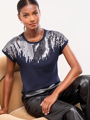 Lipsy Navy Sequin Crew Neck T-Shirt - Image 1 of 4