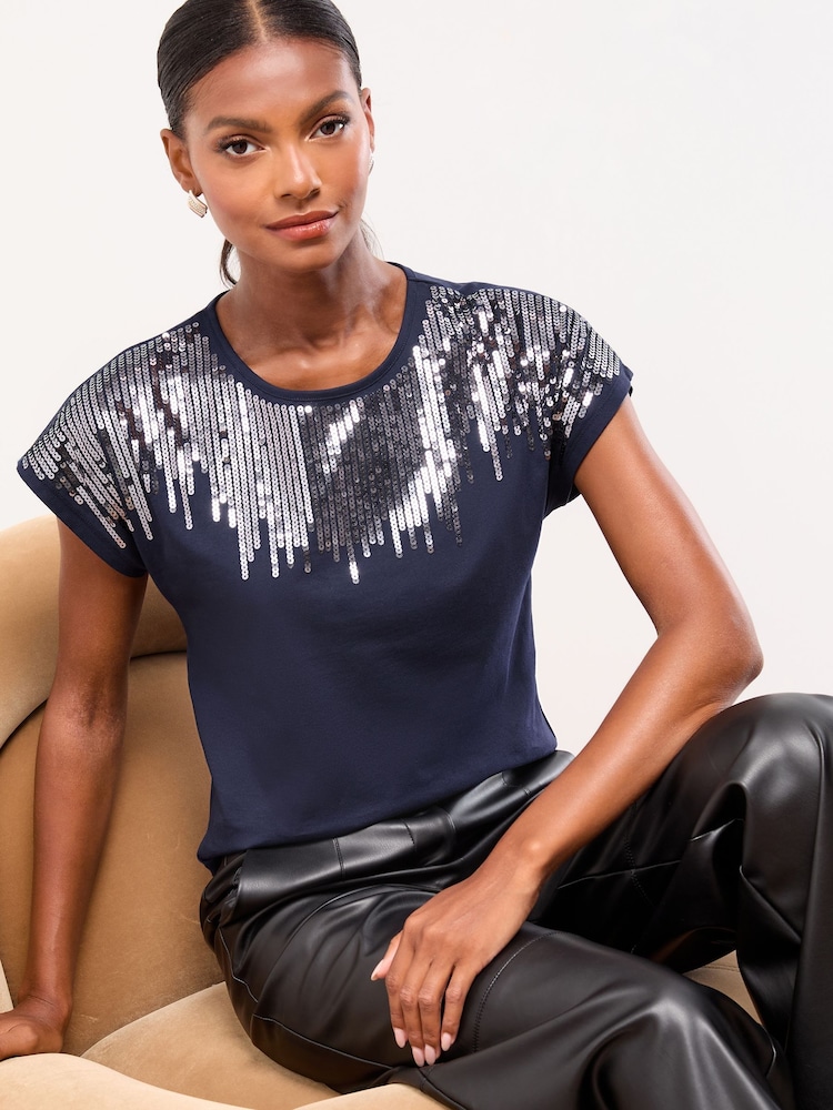 Lipsy Navy Sequin Crew Neck T-Shirt - Image 1 of 4 Lipsy Navy Sequin Crew Neck T-Shirt - Image 1 of 4