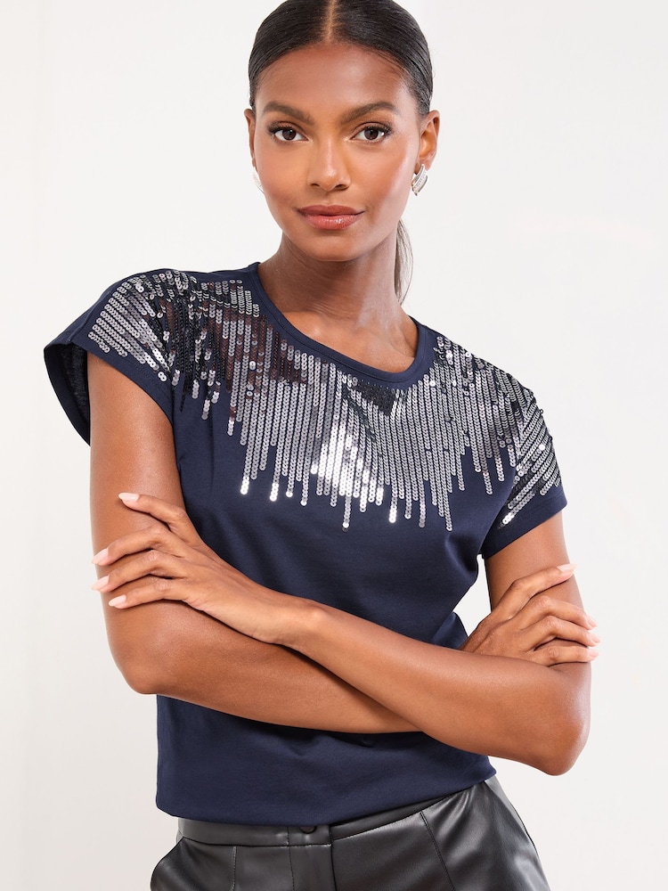 Lipsy Navy Sequin Crew Neck T-Shirt - Image 2 of 4