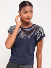 Lipsy Navy Sequin Crew Neck T-Shirt - Image 3 of 4