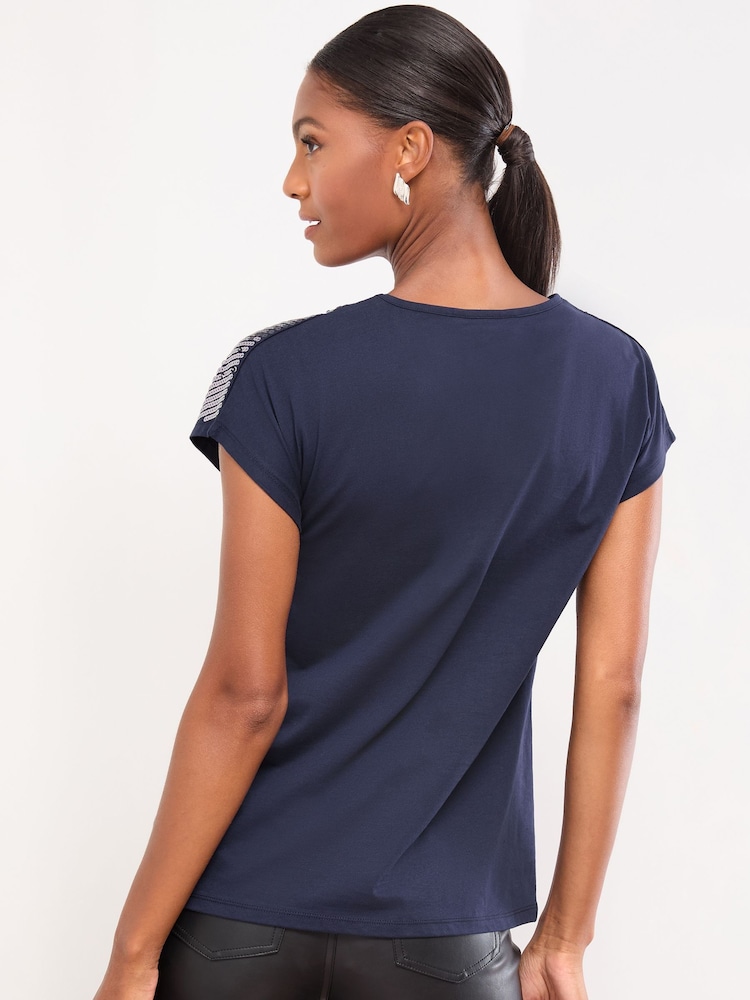 Lipsy Navy Sequin Crew Neck T-Shirt - Image 4 of 4