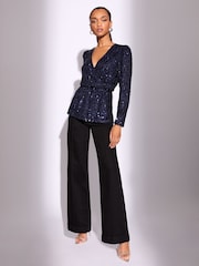 Lipsy Navy Sequin Long Sleeve Wrap Top - Image 3 of 4