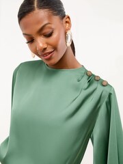 Lipsy Green Button Detail Satin Blouse - Image 1 of 5