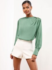 Lipsy Green Button Detail Satin Blouse - Image 3 of 5