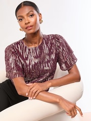 Lipsy Purple Gold Ruffle Short Sleeve T-Shirt - Image 1 of 4