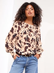Lipsy Cow Print Blouson Sleeve Blouse - Image 1 of 4