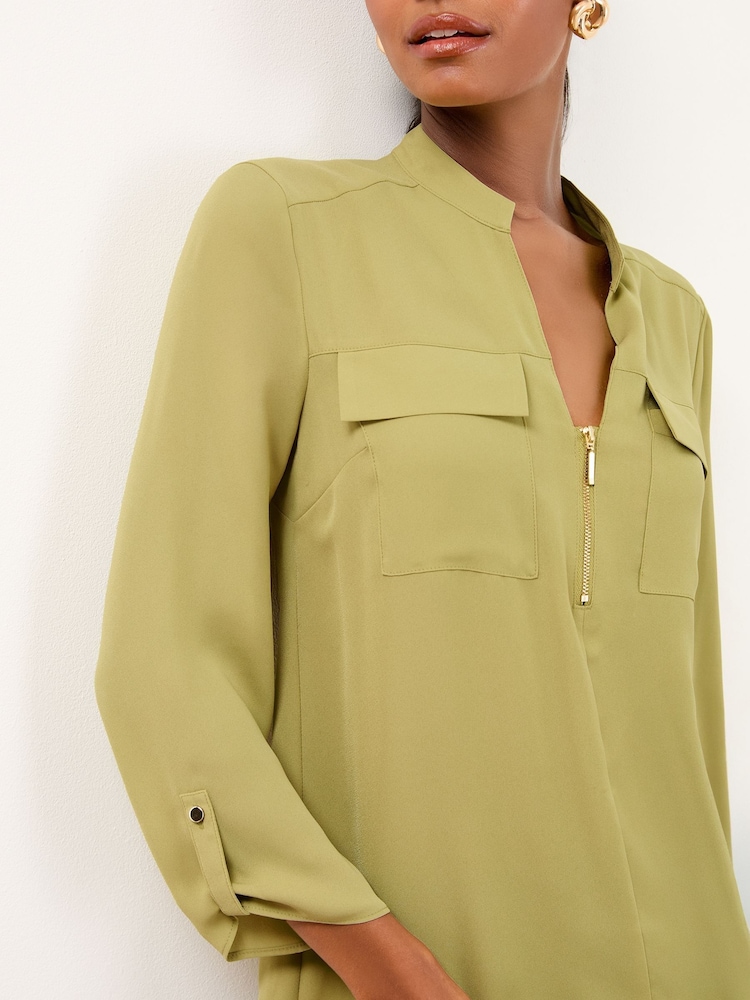 Lipsy Green Zip Front Utility Pocket Blouse - Image 2 of 5