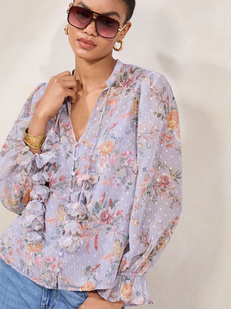 Lipsy Green Long Sleeve Blouse With 3D Floral Print Ties - Image 1 of 4 Lipsy Green Long Sleeve Blouse With 3D Floral Print Ties - Image 1 of 4