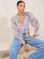 Lipsy Green Long Sleeve Blouse With 3D Floral Print Ties - Image 2 of 4
