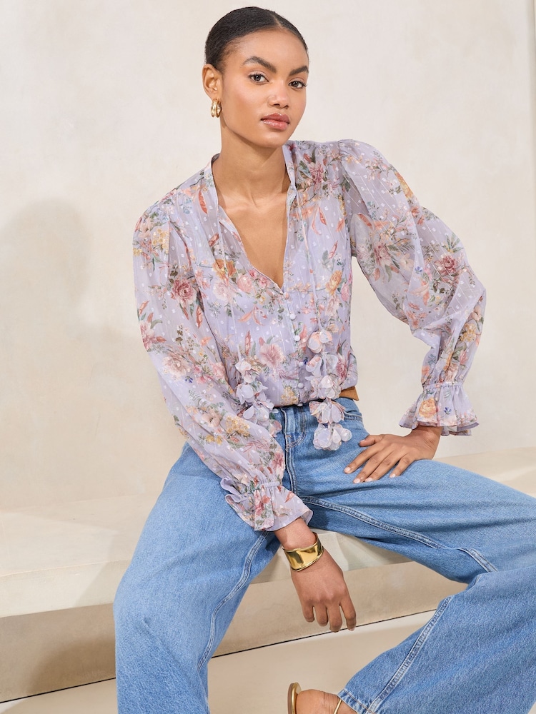 Lipsy Green Long Sleeve Blouse With 3D Floral Print Ties - Image 2 of 4 Lipsy Green Long Sleeve Blouse With 3D Floral Print Ties - Image 2 of 4