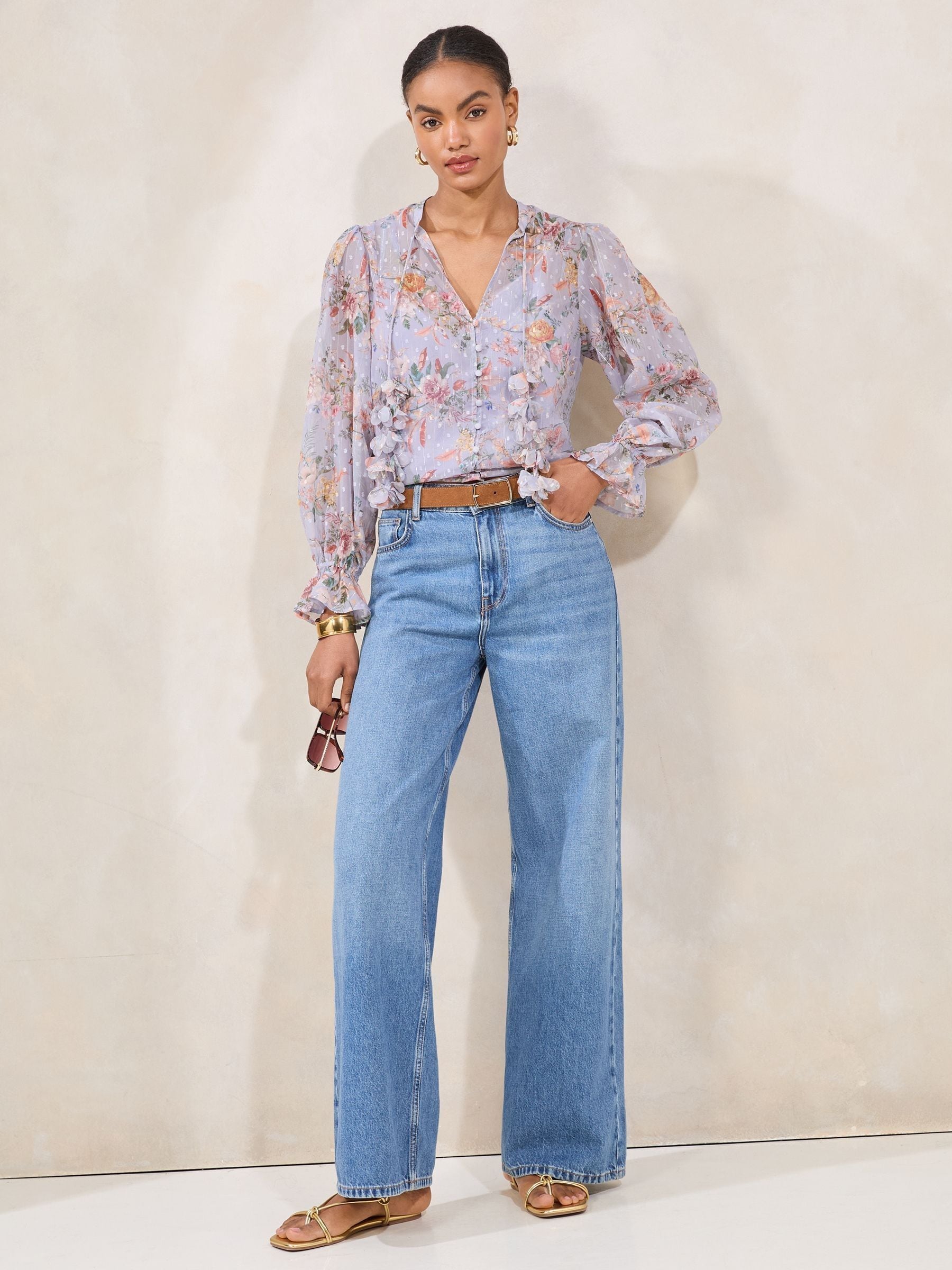 Buy Lipsy Lilac Long Sleeve Blouse With 3D Floral Print Ties from