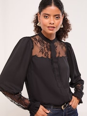 Lipsy Black Lace Detail Grandad Shirt - Image 1 of 4