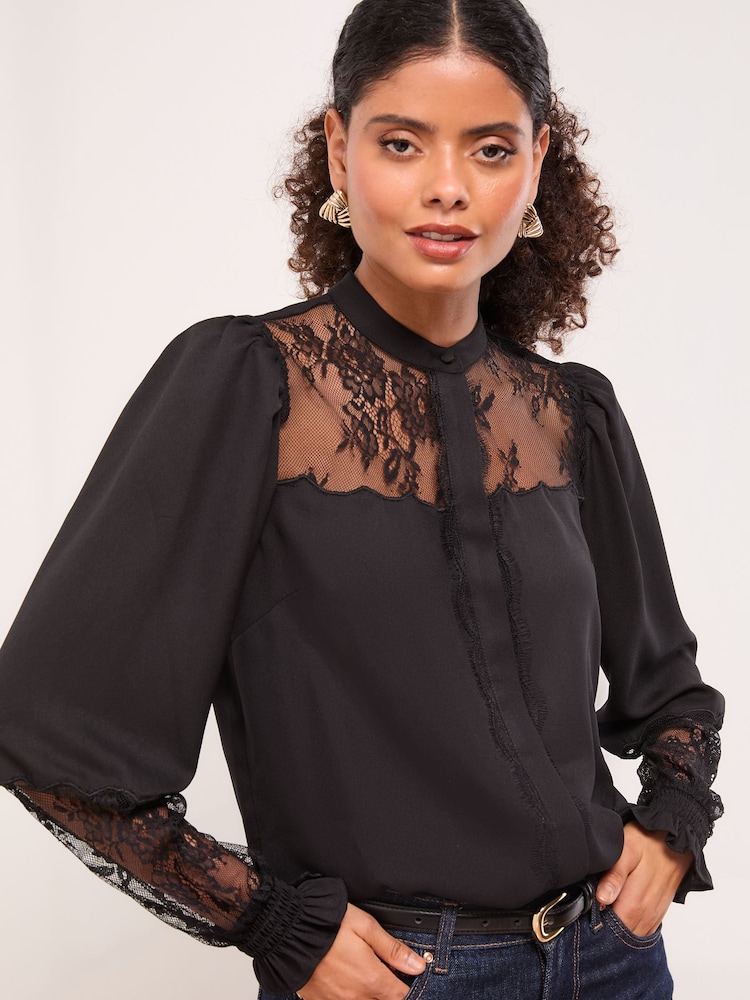 Lipsy Black Lace Detail Grandad Shirt - Image 1 of 4