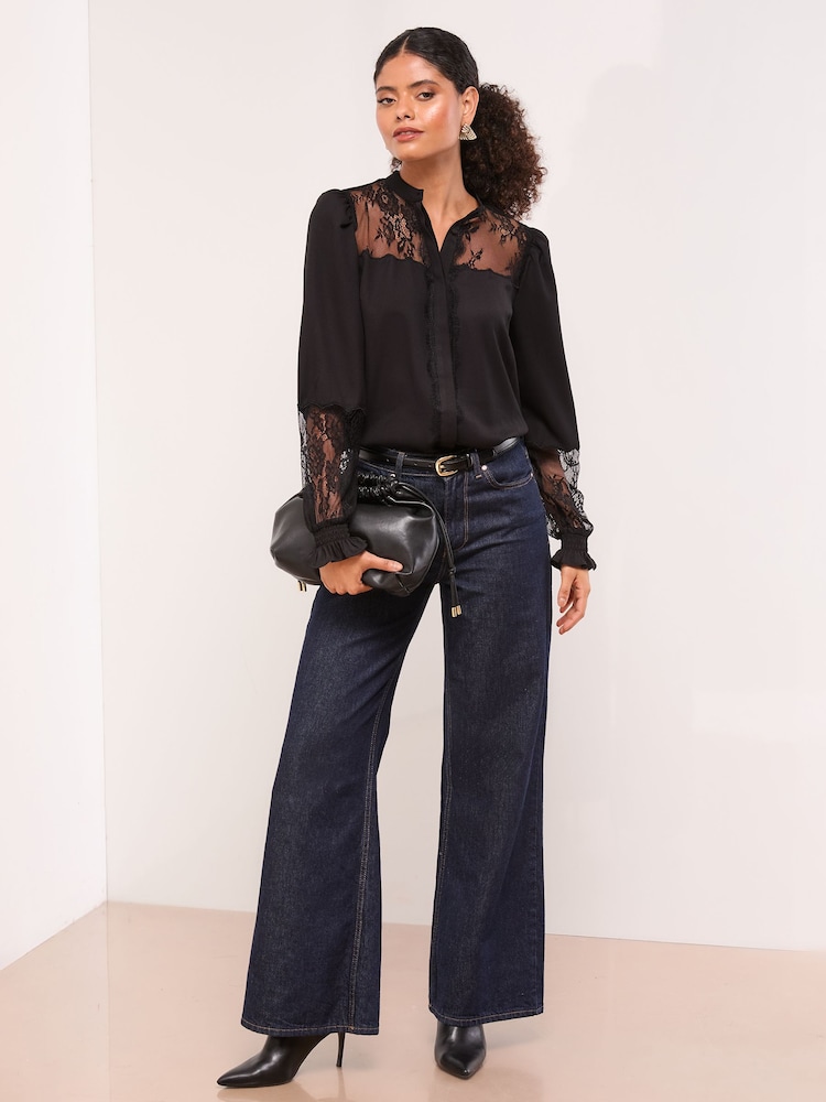 Lipsy Black Lace Detail Grandad Shirt - Image 2 of 4