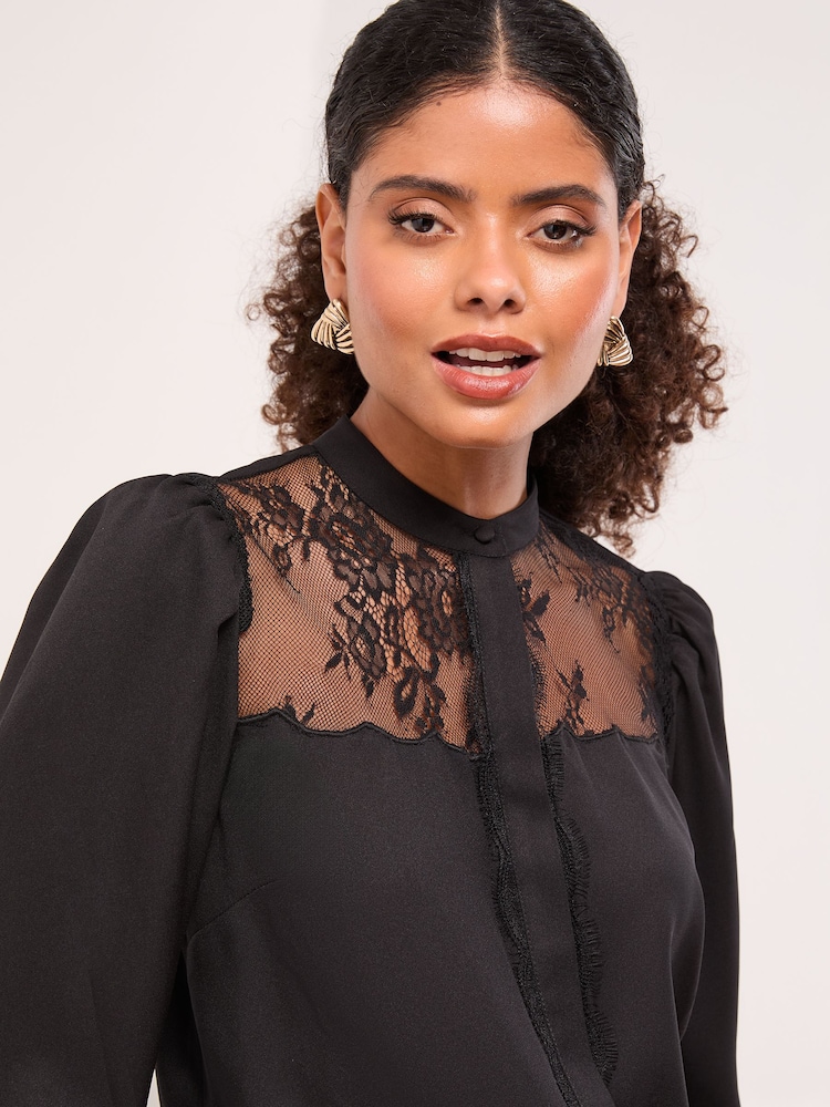 Lipsy Black Lace Detail Grandad Shirt - Image 4 of 4