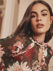 Lipsy Floral Velvet Detail High Neck Blouson Blouse - Image 2 of 4