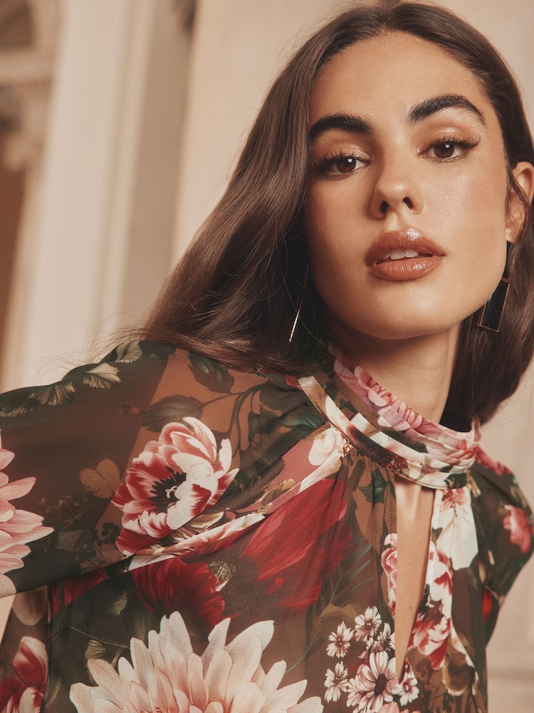 Lipsy Floral Velvet Detail High Neck Blouson Blouse - Image 2 of 4