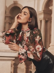 Lipsy Floral Velvet Detail High Neck Blouson Blouse - Image 3 of 4