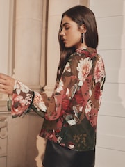 Lipsy Floral Velvet Detail High Neck Blouson Blouse - Image 4 of 4