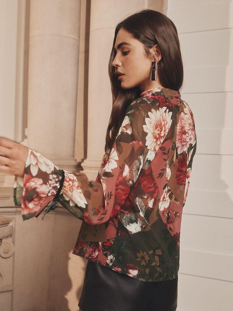 Lipsy Floral Velvet Detail High Neck Blouson Blouse - Image 4 of 4