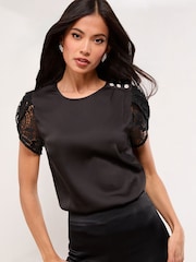 Black Satin Lace - Lipsy Tulip Sleeve Top - Bild 2 von 4