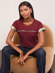 Lipsy Burgundy Mesh Gold Sequin Crew Neck T-Shirt - Image 1 of 4