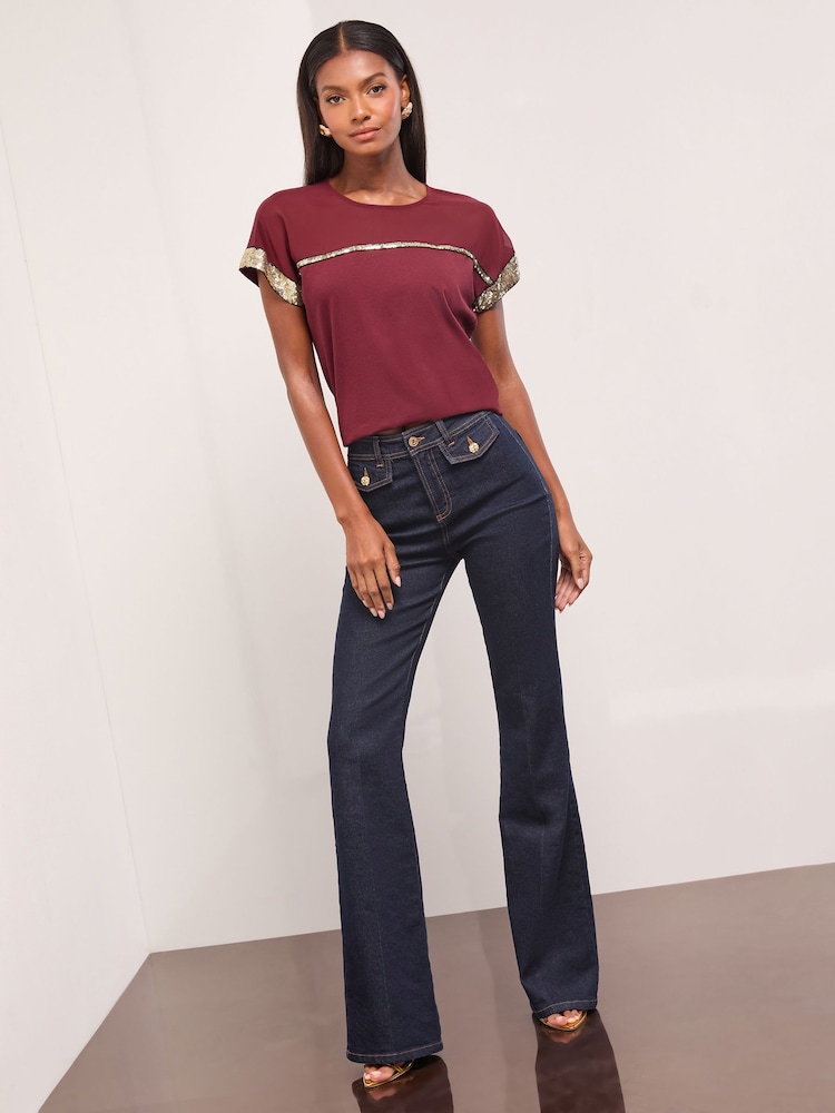 Lipsy Burgundy Mesh Gold Sequin Crew Neck T-Shirt - Image 2 of 4