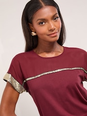 Lipsy Burgundy Mesh Gold Sequin Crew Neck T-Shirt - Image 3 of 4