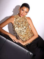 Lipsy Gold Sequin High Neck Shell Top - Image 1 of 4