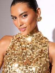 Lipsy Gold Sequin High Neck Shell Top - Image 3 of 4