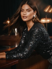 Lipsy Black Sequin Fitted Long Sleeve Top - Image 4 of 5