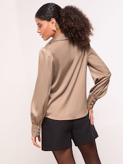 Lipsy Mink Brown Military Button Detail Satin Shirt - Image 4 of 4