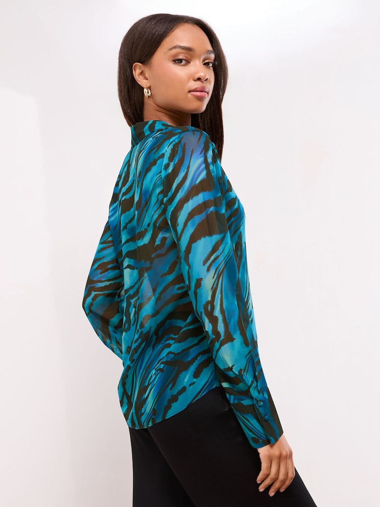 Lipsy Blue Zebra Chiffon Printed Shirt - Image 4 of 4 Lipsy Blue Zebra Chiffon Printed Shirt - Image 4 of 4