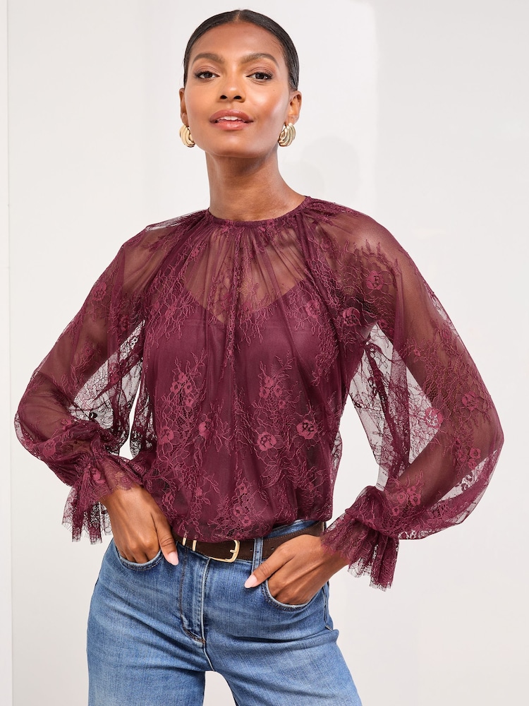 Lipsy Burgundy Red Lace Flared Cuff Blouse - Image 1 of 4